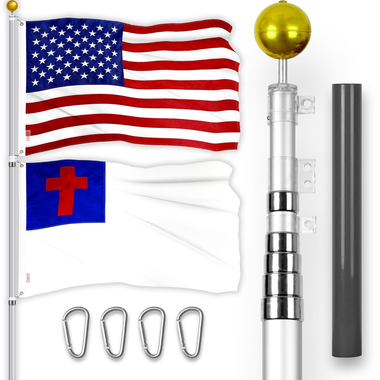 G128 Combo Pack: 25 Ft Telescoping Aluminum Flagpole (Silver) & American and Christian Flags 3x5 Ft, Both ToughWeave Series Embroidered Polyester | Pole with Flags Included